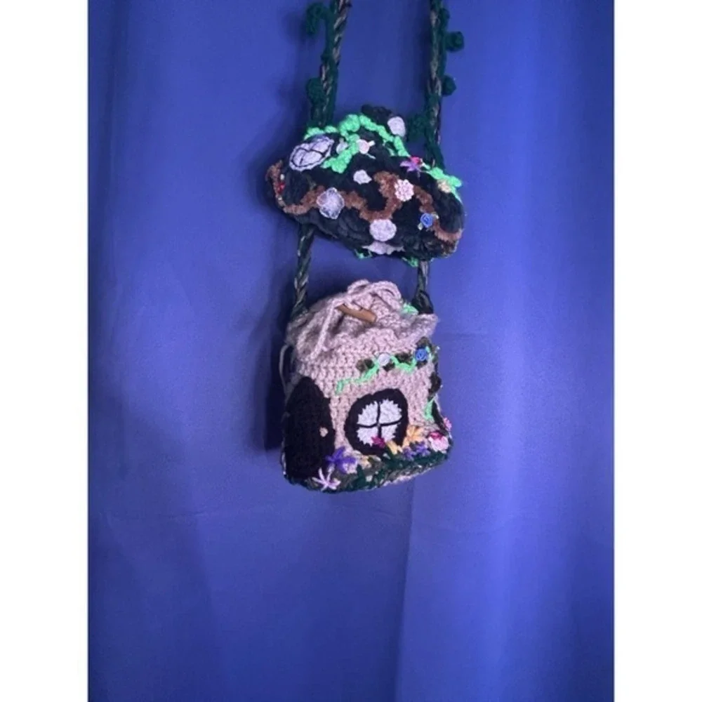 Handmade 1 Of A‎ Kind Rare Crochet Fairy House Purse Knitted Festival Beautiful